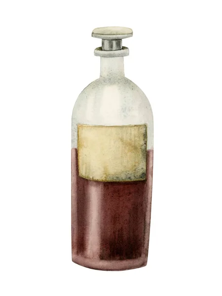 Bottiglia Vetro Farmacia Vintage Acquerello Olio Aromatico Con Modello Etichetta — Foto Stock