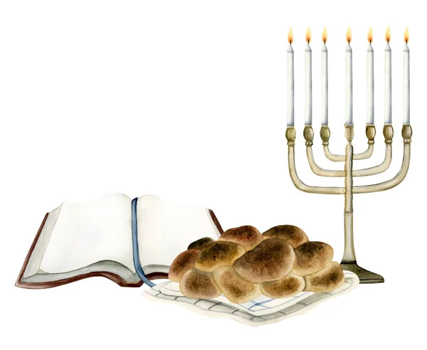 Shabbat Shalom Greeting Template Watercolor Illustration Jewish Saturday Eve Designs — Stock Photo, Image