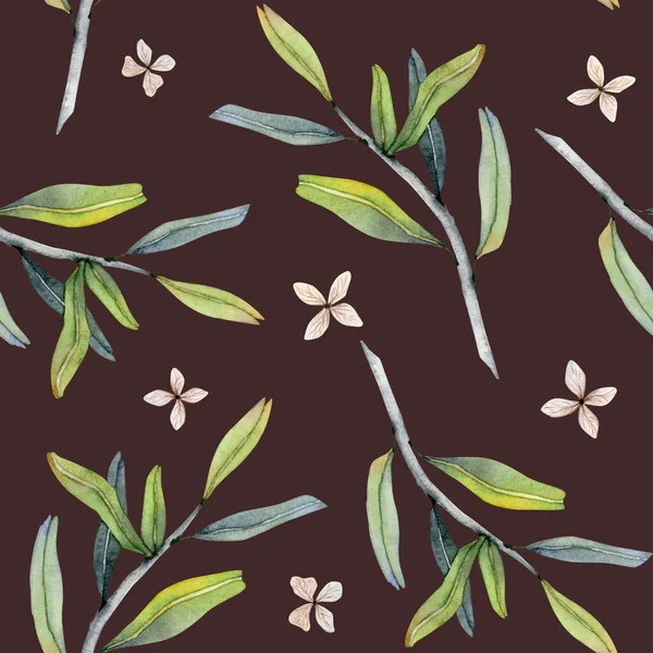 Granaatappels Takken Kleine Beige Bloemen Naadloos Patroon Donkerbruine Achtergrond Aquarel — Stockfoto