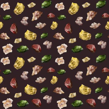 Suluboya koyu kahverengi değerli taşlar, kusursuz desen. Mineral taş dükkanları, esrarengiz işler, ambalaj, kumaşlar için sarı, kırmızı ve yeşil renklerle el çizimi soyut arka plan.