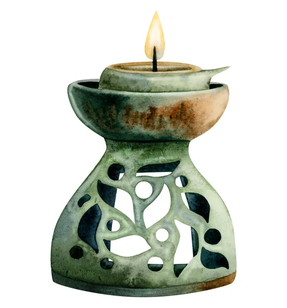 Watercolor Ceramic Aroma Lamp Burning Candle Green Brown Hand Drawn — Stock Photo, Image