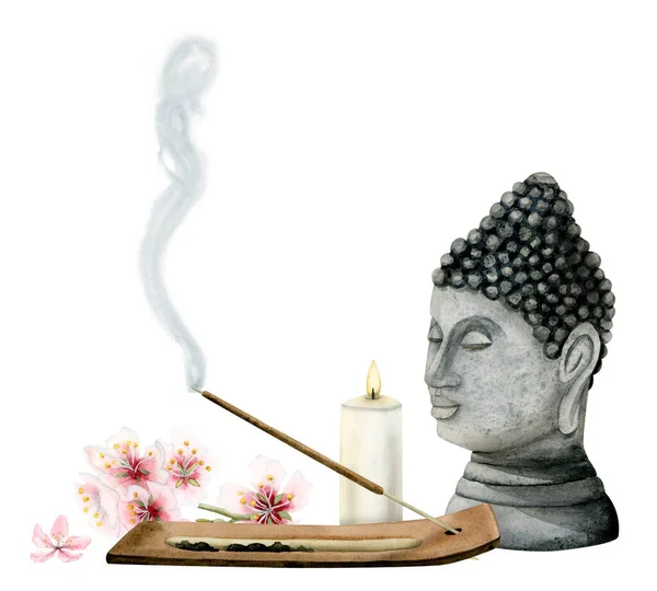 Watercolor Spiritual Buddha Statue Burning Aroma Stick Candle Pink Flowers — Stock Photo, Image