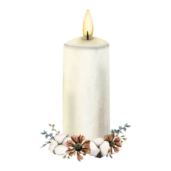水彩缤纷的浪漫节日蜡烛 底部有棉花 桉树和干橙花环 与白色隔离 — 图库照片