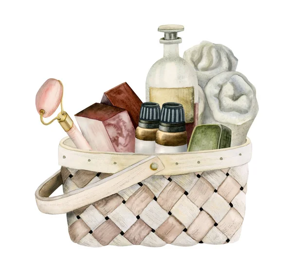 Akvarel Proutěný Koš Koupelovou Sadou Kosmetiky Ručníky Izolované Bílém Šampon — Stock fotografie