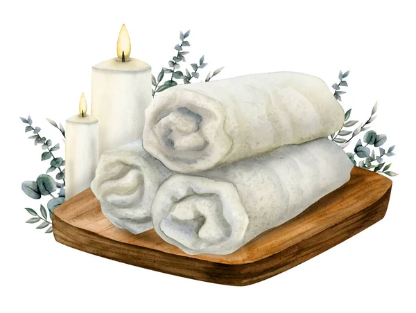 水彩浴浴巾和带有桉树枝条的蜡烛 明信片的手绘构图 白色隔离的健康沙龙设计 — 图库照片