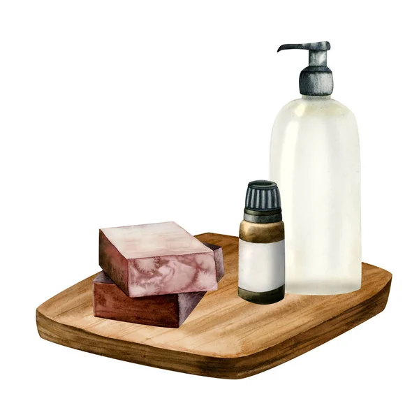 Watercolor Relaxation Set Essential Oil Bottle Shower Gel Dispenser Maroon — Stock Photo, Image