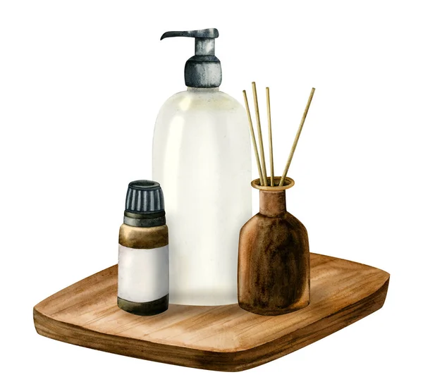 Aquarell Aroma Diffusor Glasflasche Ätherisches Duschgel Spender Isoliert Auf Holztisch — Stockfoto