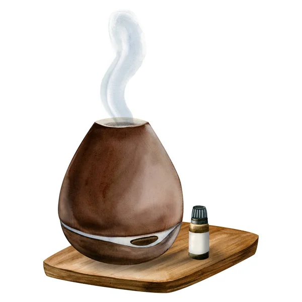 Aquarell Elektrische Holz Aromaöl Diffusor Illustration Mit Duftölflasche Auf Einem — Stockfoto