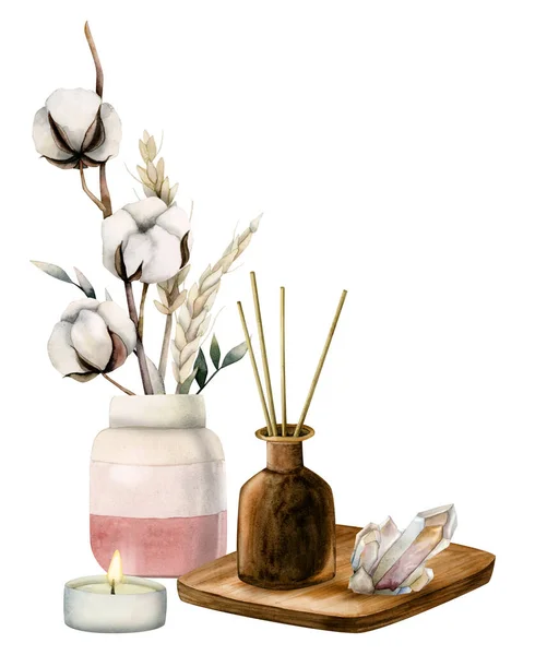Υδατογραφία Μπουκάλι Διαχύτη Άρωμα Ροζ Κρύσταλλο Χαλαζία Κερί Ξηρά Λουλούδια — Φωτογραφία Αρχείου