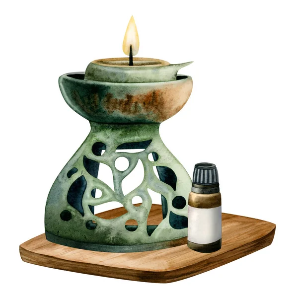 Aquarel Spa Aromatherapie Lamp Aroma Olie Fles Illustratie Wellness Spa — Stockfoto
