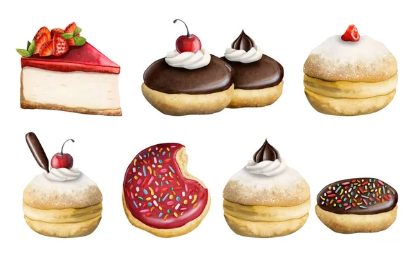 Watercolor desserts collection with strawberry cheese cake, chocolate donuts. Delicious hand drawn illustration bundle of doughnuts with different toppings for bakery, menus, birthday and Hanukkah.