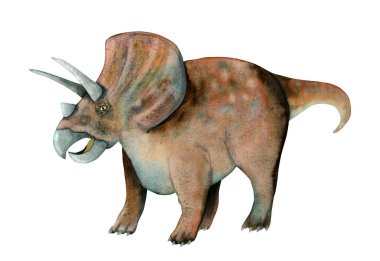 Kahverengi suluboya triceratops çizimi. El çizimi antik dinozor sürüngeni beyaz arka planda izole edilmiş..