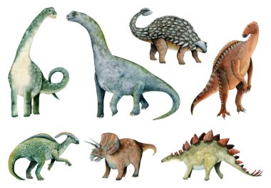 Watercolor herbivores dinosaurs illustration collection, realistic Ankylosaurus, Triceratops, Stegosaurus, colorful Parasaurolophus clipart
