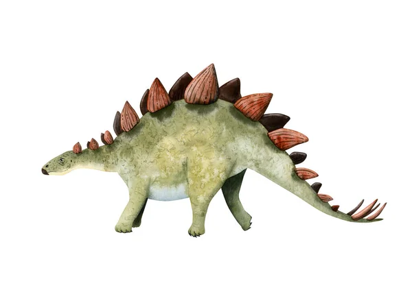 Akvarell Växtätare Dinosaurie Stegosaurus Röda Och Gröna Färger Handritad Illustration — Stockfoto