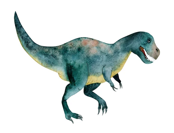 Akvarel Tyranosaurus Dinosaurus Ilustrace Modré Žluté Hnědé Barvy Izolované Bílém — Stock fotografie