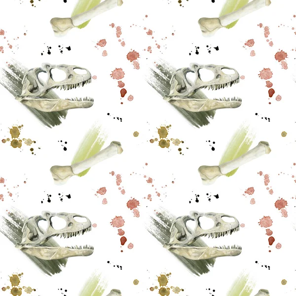 Dinosaur bones seamless pattern with abstract splashes and skull on white background. Realistic hand-drawn art for wallpaper, gift paper, notebooks