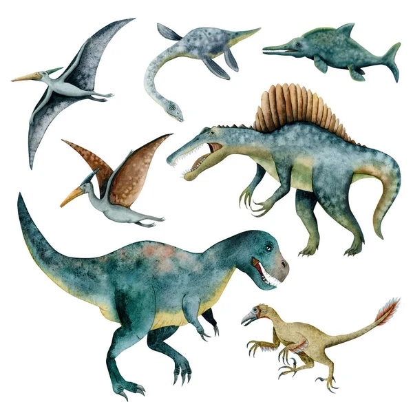 Watercolor Dinosaurs Illustration Set Preditory Tyrannosaur Spinosaurus Flying Dunosaurs Veloiraptor — Stock Photo, Image