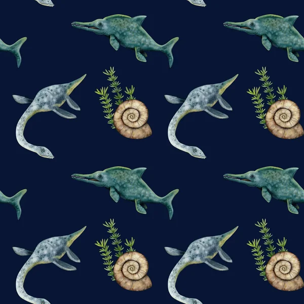 Акварельный Бесшовный Рисунок Ихтиозаврами Подводными Динозаврами Плезиозаврами Аммонитами Темно Синем — стоковое фото