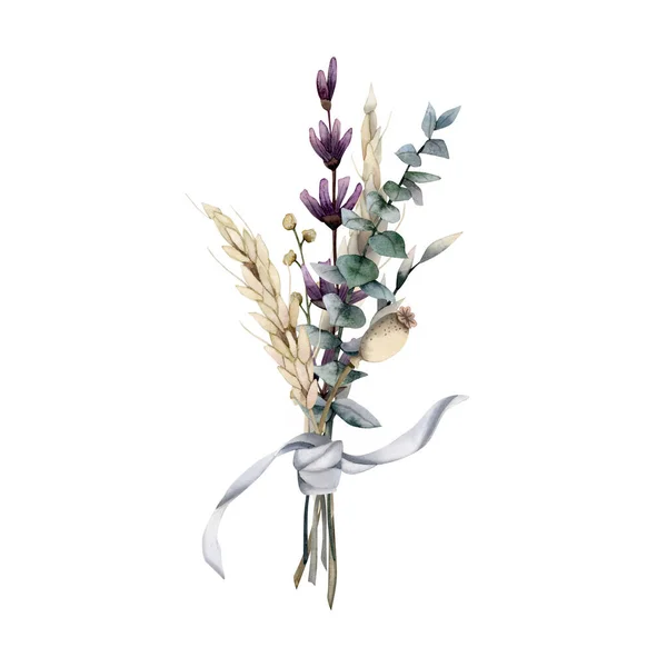 Botaniska Akvarell Växtbaserade Bukett Med Grön Eukalyptus Lila Lavendel Vete — Stockfoto