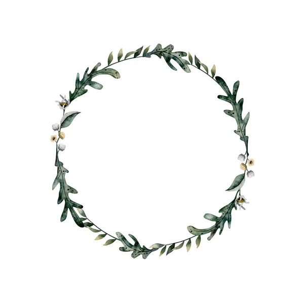 Ręcznie Rysowany Akwarelowy Okrągły Wieniec Zielonymi Ziołami Polnymi Kwiatami Trawą — Zdjęcie stockowe