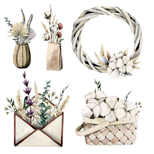 Set of watercolor vintage styled dried flowers and leaves in craft bag, vase, envelope and basket. Dried wild herbs in light colors. Isolated on white background