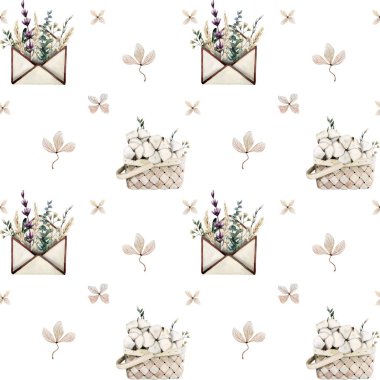 Beyaz arka planda çiçekli, dallı, yapraklı, pürüzsüz bir desen. Kumaş, ambalaj, tekstil, duvar kağıdı ve giysi için yaratıcı klasik doku. Suluboya çizimleri