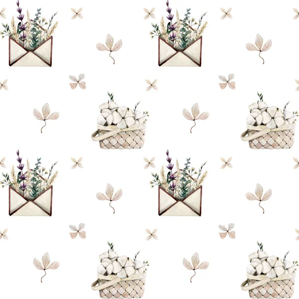 Stilvolles Nahtloses Muster Mit Blumen Zweigen Blättern Auf Weißem Hintergrund — Stockfoto