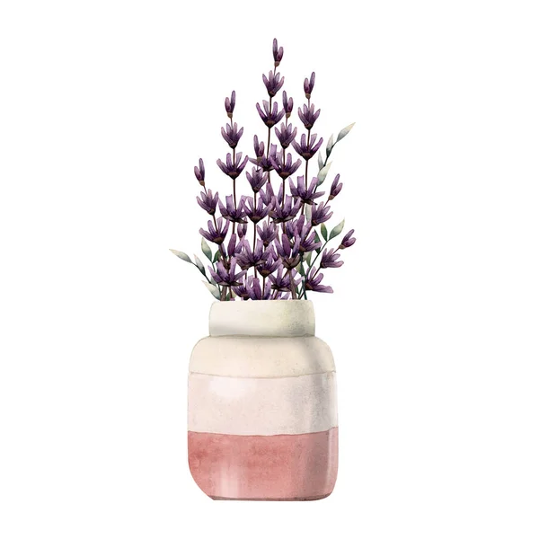 Watercolor lavender bouquet in dust pink vase, minimalist realistic style illustration isolated on white background
