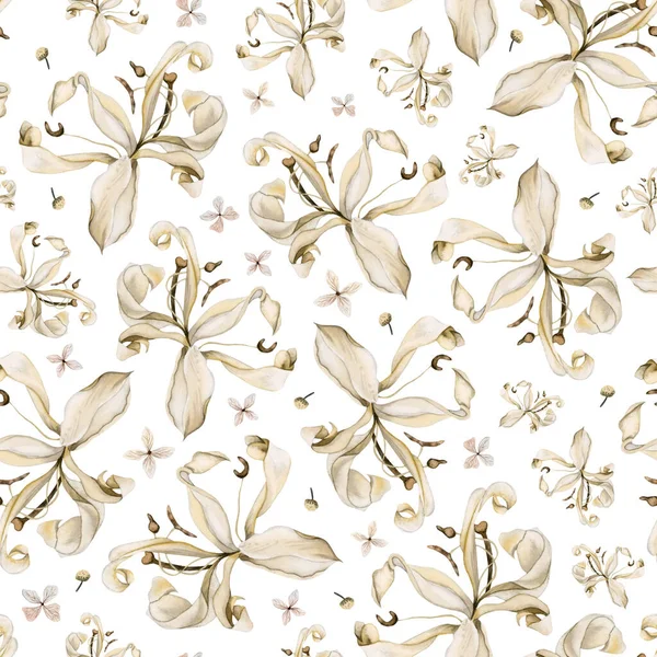 Aquarel Lelies Bloemen Patroon Bloemen Patroon Met Droge Bloemen Witte — Stockfoto