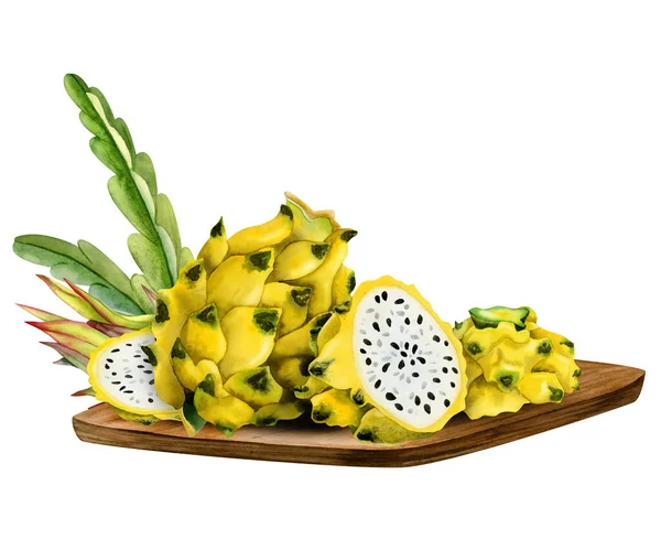 Yellow Whole Dragon Fruit Slices Wooden Board Cactus Leaves Watercolor — Stock Photo, Image
