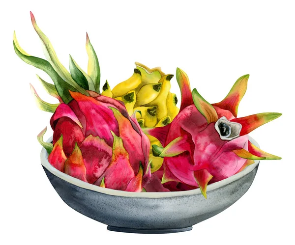 분홍빛 과노란 열매는 배경에 세라믹 그릇의 그림에서 수확한다 이국적 아시아 — 스톡 사진
