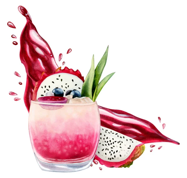 Pembe ejderha meyve kokteyli limonata ve beyaza izole edilmiş suluboya çizimi. Pitaya ile taze yaz egzotik içeceği, serinletici pitahaya su sıçramaları ile olgunlaşmış.