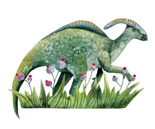 草原上的抛物面恐龙 奇幻的花朵 水彩画 白色背景 从史前时代开始手绘精美而艺术的恐龙动物群 — 图库照片