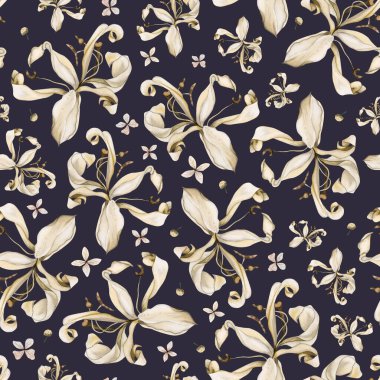 Çiçeksiz desenli zambaklar koyu mavi çiçekli, soyut suluboya arkaplan moda baskıları, kumaş.