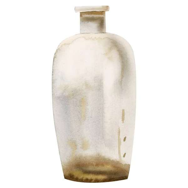 水色的旧玻璃瓶或透明的花瓶 独立于白色背景 手绘古色古香的乡村风格插图 — 图库照片
