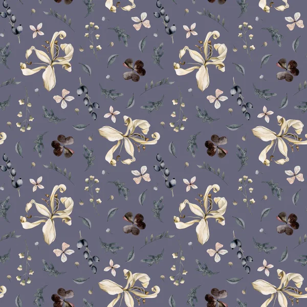 Dry Flowers Seamless Pattern Dusty Blue Background Eucalyptus Different Plants — Stock Photo, Image