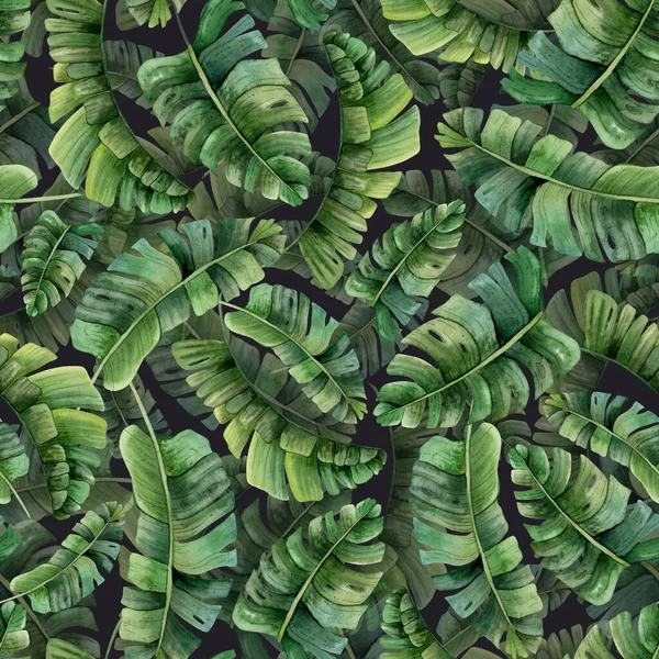 Dżungla Tropikalna Palma Pozostawia Akwarelowy Wzór Ciemnoszarym Tle Zielonymi Roślinami — Zdjęcie stockowe