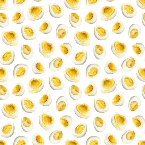 Wasserfarbe Nahtlose Lebensmittelmuster Mit Gekochten Eiern Einem Schnitt Auf Weißem — Stockfoto