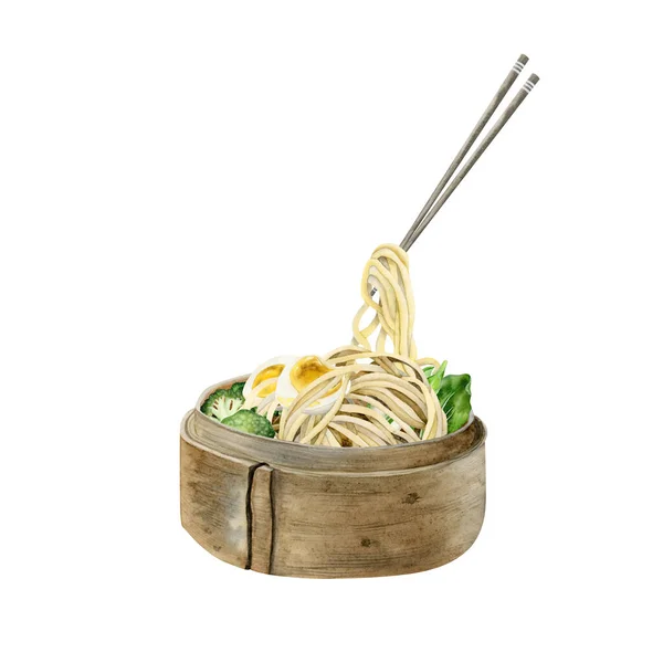 面条拉面汤配蛋 西兰花 蒸锅里的筷子 亚洲菜谱的水彩画 — 图库照片