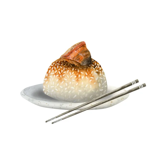 Akwarela Ilustracja Kuchni Chińskiej Ryż Kawałkiem Mięsa Wołowego Płycie Ceramicznej — Zdjęcie stockowe