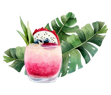 Pitaya ve yeşil palmiye yapraklı tropik ejderha meyve kokteyli limonatası beyaz arka planda izole edilmiş suluboya çizimleri. Taze yaz egzotik içkisi.