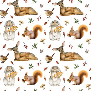 Orman hayvanları, yapraklar, mantarlar, böğürtlenler olan ormanlık suluboya deseni. Yavru geyik, tavşan, sincap, kırlangıç kuşu, beyaz arka planda kelebek