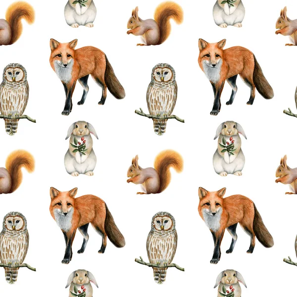 Watercolor Woodland Animals Seamless Pattern Forest Red Fox Hare Rabbit — Stock Photo, Image
