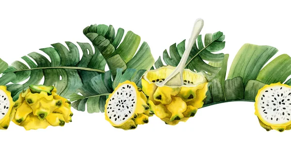 Summer Horizontal Seamless Border Yellow Dragon Fruit Dessert Spoon Green — Stock Photo, Image