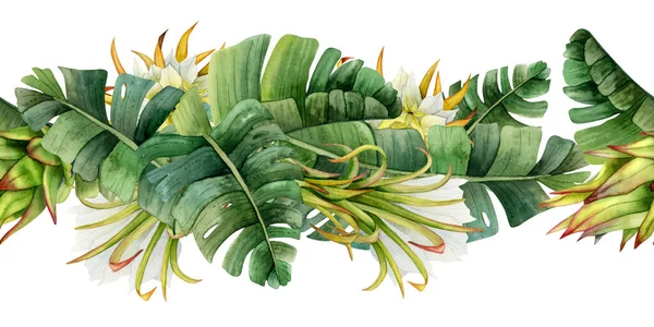 Flores Cacto Folhas Palma Tropicais Sem Costura Borda Desenhada Mão — Fotografia de Stock