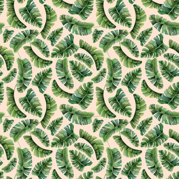 Tropikalne Liście Palmy Dżungli Akwarela Bezszwowy Wzór Jasnobeżowym Tle Zielonych — Zdjęcie stockowe