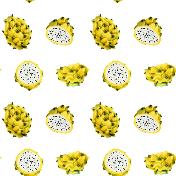 Sarı Ejderha Meyveleri Dilimleri Beyaz Arka Planda Dikişsiz Pitaya Deseni — Stok fotoğraf
