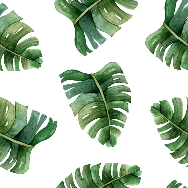 Grön Monstera Lämnar Tropisk Akvarell Sömlös Mönster Vit Bakgrund Med — Stockfoto