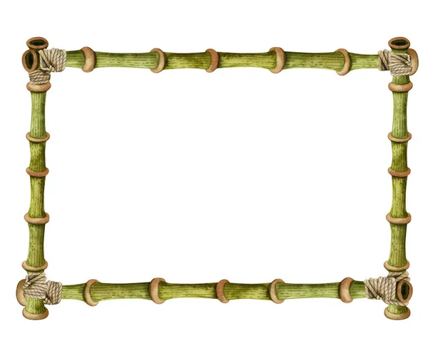 Bambu Stjälkar Lindade Med Rep Akvarell Rektangulär Ram Illustration Isolerad — Stockfoto