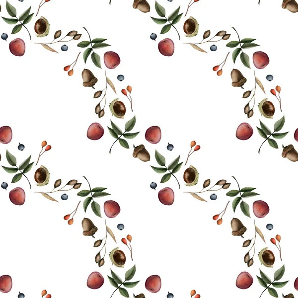 Watercolor Diagonal Seamless Pattern Leaves Berries Acorns Chestnuts White Cute — Stock Photo, Image